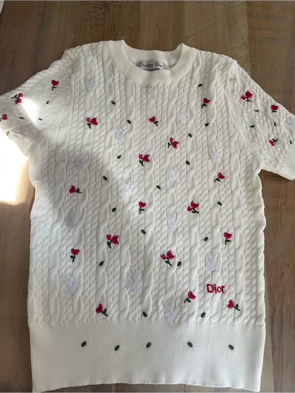 Dior Cream Cable-Knit Crewneck Sweater with Pink Rose Embroidery